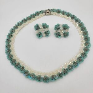 Vintage 1950s Aqua Sequin Necklace & Earrings Set